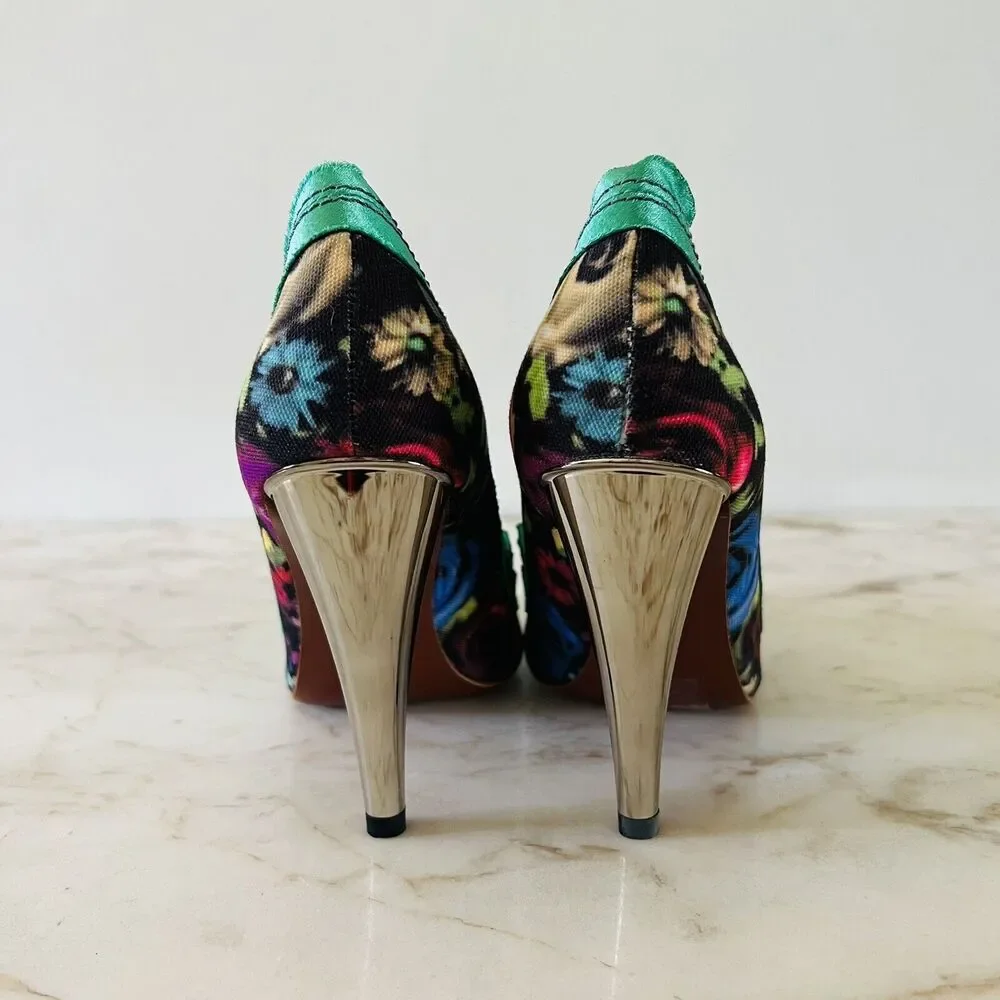 2010 LANVIN x H&M Green Floral Print Bow Mirrored Heels Pumps - EUR 38 / US 7
